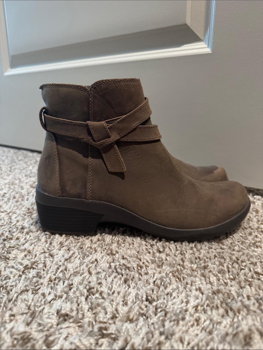 Clarks Olive Brown Leather Ankle Boot with Wrap Strap